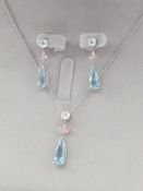 Natural Diamond, Pink Diamond and Aquamarine Earrings and Pendant Set - GIA - 18kt White Gold