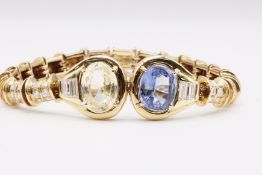 Natural Oval Yellow & Vivid Royal Blue Sapphire 18k Yellow Gold & Diamond Bracelet 13.07 Carat