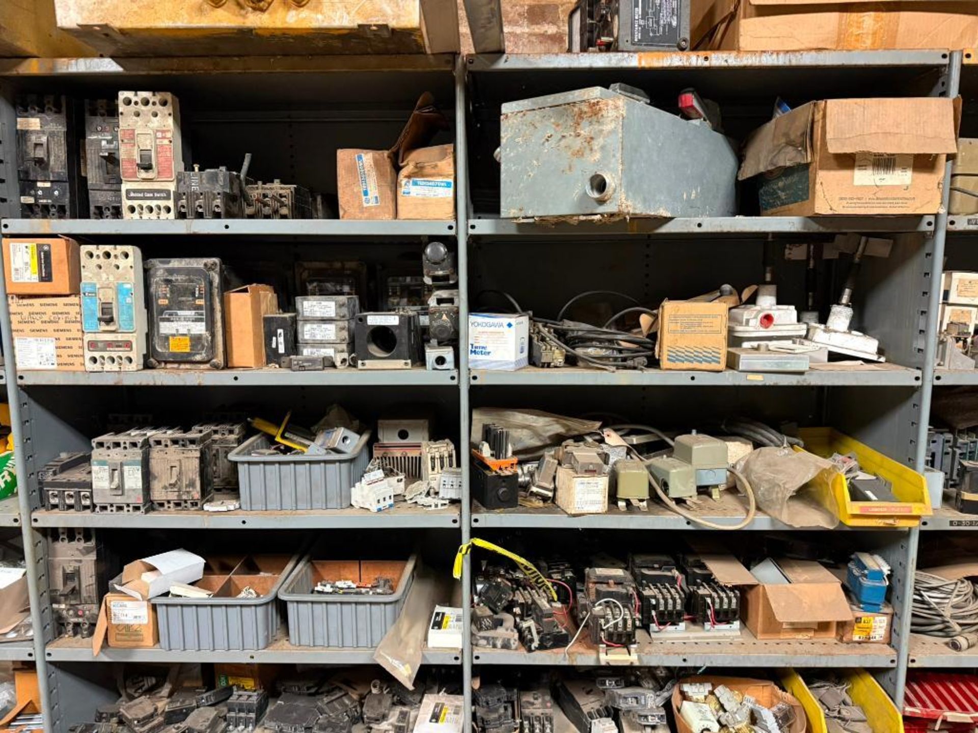 LOT OF (5) SECTIONS OF INDUSTRIAL ELECTRICAL PARTS ON SHELVING CONTENTS ...