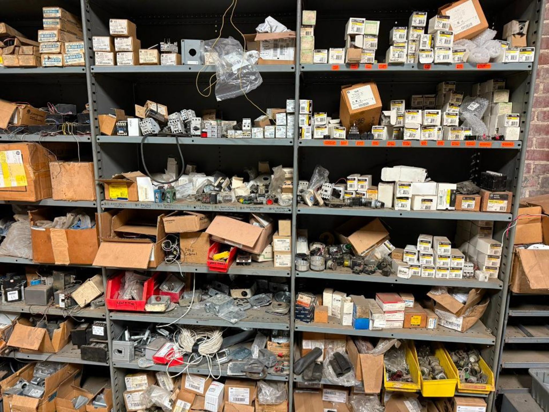 LOT OF (6) SECTIONS OF INDUSTRIAL ELECTRICAL PARTS ON SHELVING CONTENTS ...