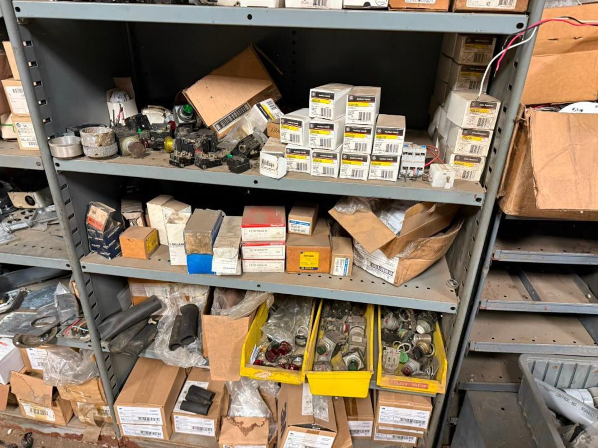 LOT OF (6) SECTIONS OF INDUSTRIAL ELECTRICAL PARTS ON SHELVING CONTENTS ...