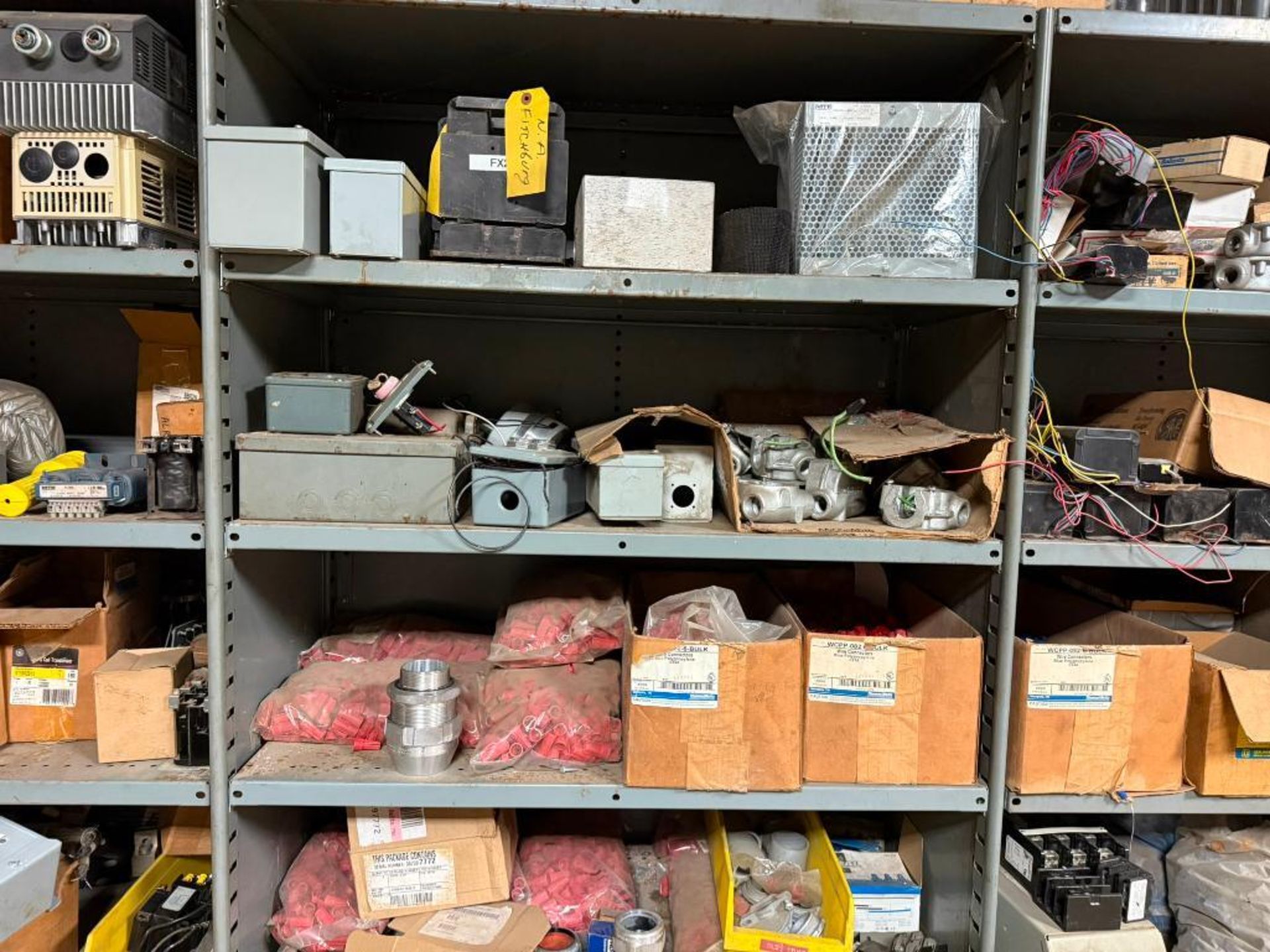 LOT OF (6) SECTIONS OF INDUSTRIAL ELECTRICAL PARTS ON SHELVING CONTENTS ...
