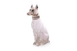 A NOVELTY SILVER PLATE MOUNTED GLASS DOG FORM DECANTER