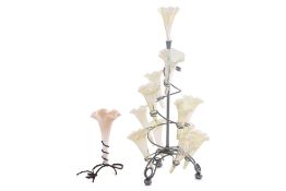 A URANIUM GLASS EPERGNE AND A SMALLER IRIDESCENT GLASS EPERGNE