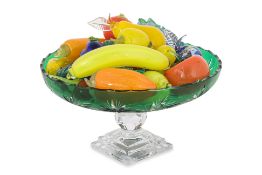 A LARGE BOHEMIA CRYSTAL FOOTED BOWL AND COLLECTION OF ART GLASS FRUIT