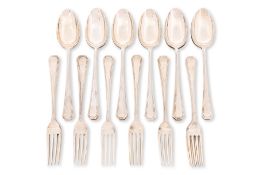 TWELVE PAIRS OF ENGLISH SILVER DESSERT SPOONS AND FORKS BY MAPPIN & WEBB (1)