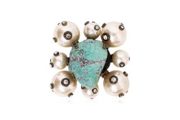 A CHANEL TURQUOISE AND FAUX PEARL BROOCH