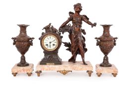 A FRENCH ART NOUVEAU FIGURAL MANTEL CLOCK AND GARNITURE SET