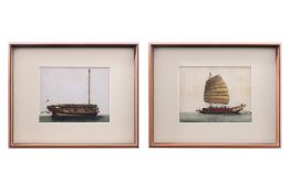 A SET OF TWO CHINESE EXPORT PITH PAINTINGS OF BOATS