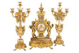 A LARGE IMPERIAL HERMLE MANTEL CLOCK AND GARNITURE SET