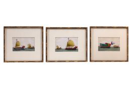 A SET OF THREE CHINESE EXPORT PITH PAINTINGS OF WATERCRAFT