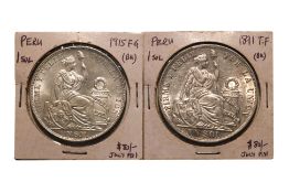 PERU, REPUBLIC 1 SOL 1891 T.F.; 1915 F.G. (2)
