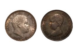 SPAIN 5 PESETAS 1888; PORTUGAL 1000 REIS 1899 (2)