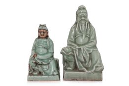 TWO LONGQUAN CELADON FIGURES OF GUANDI