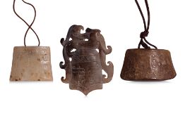 A GROUP OF THREE ARCHAISTIC JADE BELL-FORM CARVINGS