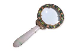 AN ENAMELLED SILVER AND JADE MAGNIFYING GLASS