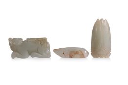 A GROUP OF THREE CELADON JADE CARVINGS (2)