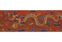 AN EMBROIDERED SILK DRAGON PANEL