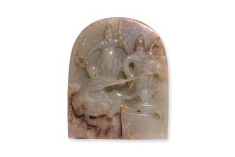 A THREE KINGDOMS CELADON AND RUSSET JADE PLAQUE