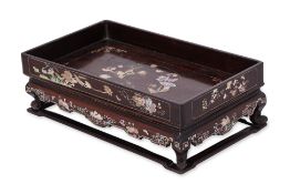 A MOTHER OF PEARL INLAID HARDWOOD TEA TRAY