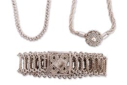 A BELT AND TWO SILVER NECKLACES
