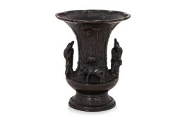 A BRONZE ZUN-FORM VASE WITH APPLIED FIGURES