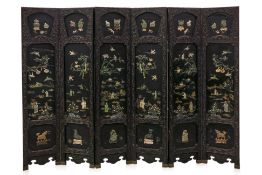 A SIX-PANEL JADE INSET TIXI LACQUER SCREEN