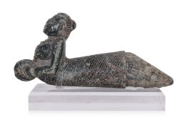 AN INDIAN CARVED BLACK STONE TERMINAL OF A MUSICAL ASPARA