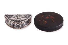 A GEORGE III PAPIER MACHE SNUFF BOX AND A SILVER BOX
