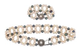 A CULTURED PEARL NECKLACE AND MATCHING BRACELET
