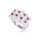 AN AKOYA CULTURED PEARL AND MULTI-GEMS RING