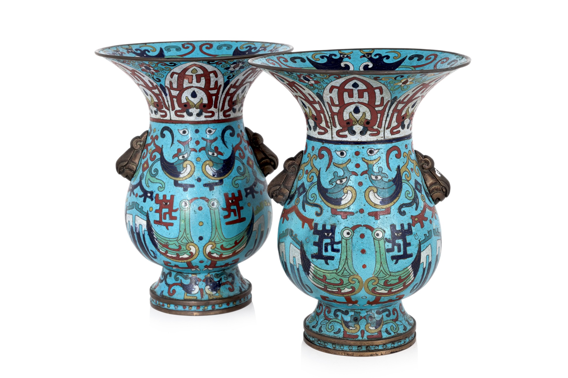 A PAIR OF CLOISONNE ENAMEL VASES OR SPITTOONS