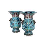A PAIR OF CLOISONNE ENAMEL VASES OR SPITTOONS