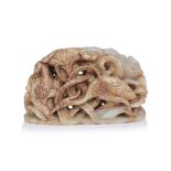 A WHITE AND RUSSET-STAINED JADE CRANES AND LOTUS GROUP