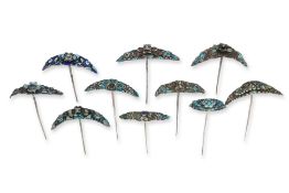 A GROUP OF TEN SILVER AND ENAMEL HAIRPINS