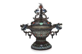 AN ENAMELLED AND HARDSTONE SET SILVER FILIGREE CENSER