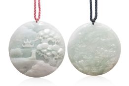 TWO CIRCULAR JADEITE PENDANTS