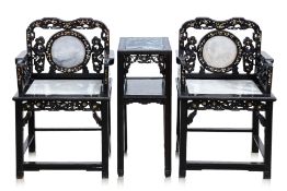A PAIR OF MARBLE INSET AND MOTHER OF PEARL INLAID HARDWOOD ARMCHAIRS AND SIDE TABLE