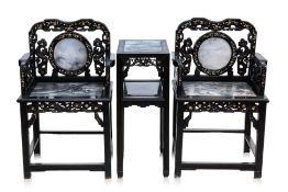 A PAIR OF MARBLE INSET AND MOTHER OF PEARL INLAID HARDWOOD ARMCHAIRS AND SIDE TABLE