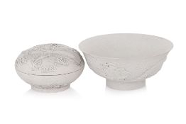 A CARVED BISCUIT PORCELAIN BOWL AND CIRCULAR BOX