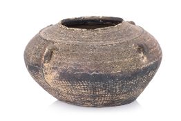 A DARK BROWN EARTHENWARE JAR