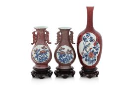 THREE UNDERGLAZE BLUE AND COPPER RED PORCELAIN VASES