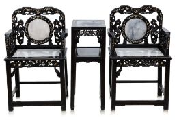 A PAIR OF MARBLE INSET AND MOTHER OF PEARL INLAID HARDWOOD ARMCHAIRS AND SIDE TABLE