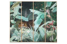 FOUR LARGE FRAMED PANELS OF TROPICAL WALLPAPER