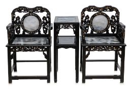A PAIR OF MARBLE INSET AND MOTHER OF PEARL INLAID HARDWOOD ARMCHAIRS AND SIDE TABLE