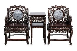 A PAIR OF BLACKWOOD MOTHER OF PEARL AND MARBLE INSET CHAIRS AND TABLE