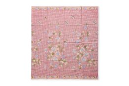 A SIGNED PINK AND BLUE FLORAL BATIK SARONG