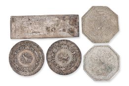 TWO PAIRS OF SILVER BOLSTERS AND A PILLOW END