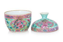 A FAMILLE ROSE TURQUOISE GROUND 'PHOENIX AND PEONY' BOWL AND COVER