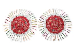 A PAIR OF RED AND GREEN SILK EMBROIDERED ALTAR TABLE COVERS